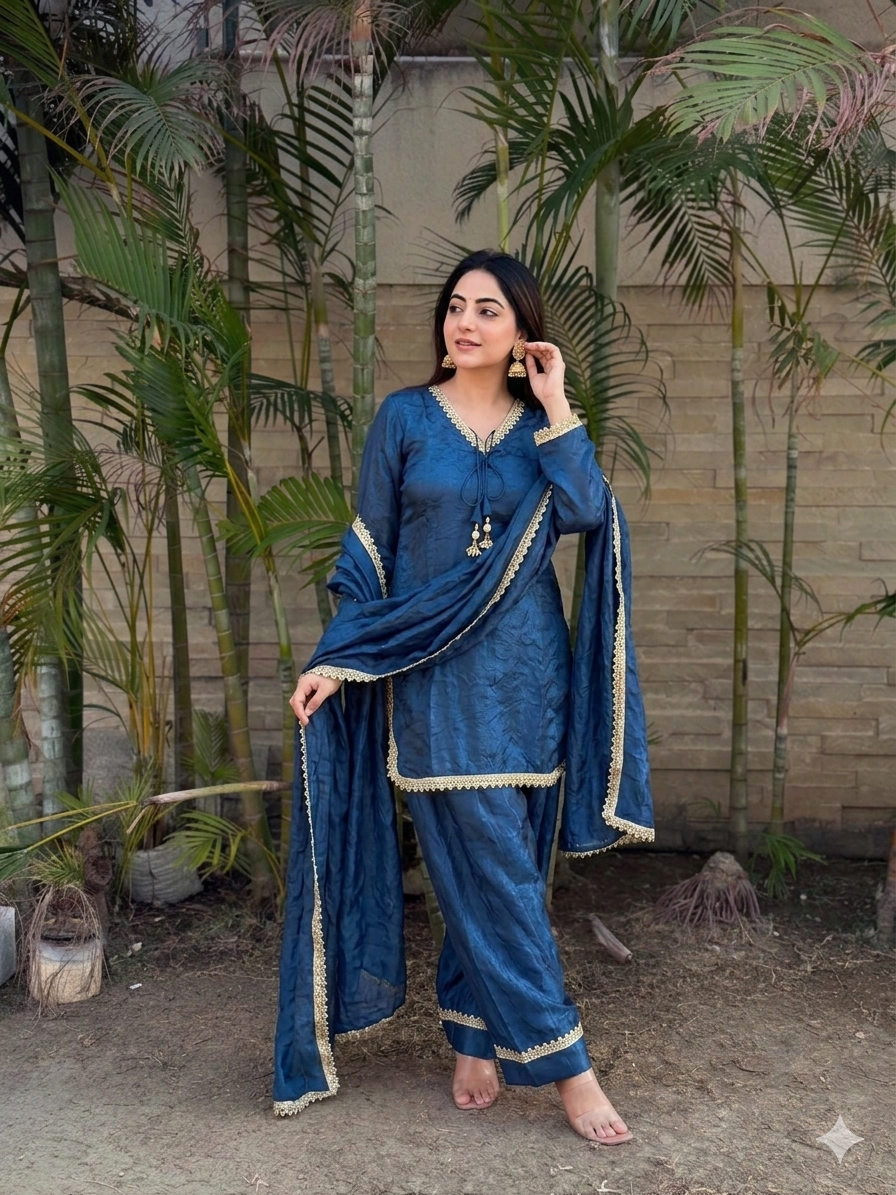Women’s Embroidered Kurta Salwar Dupatta Set with Lace Border