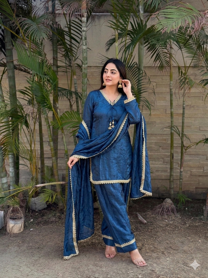 Women’s Embroidered Kurta Salwar Dupatta Set with Lace Border