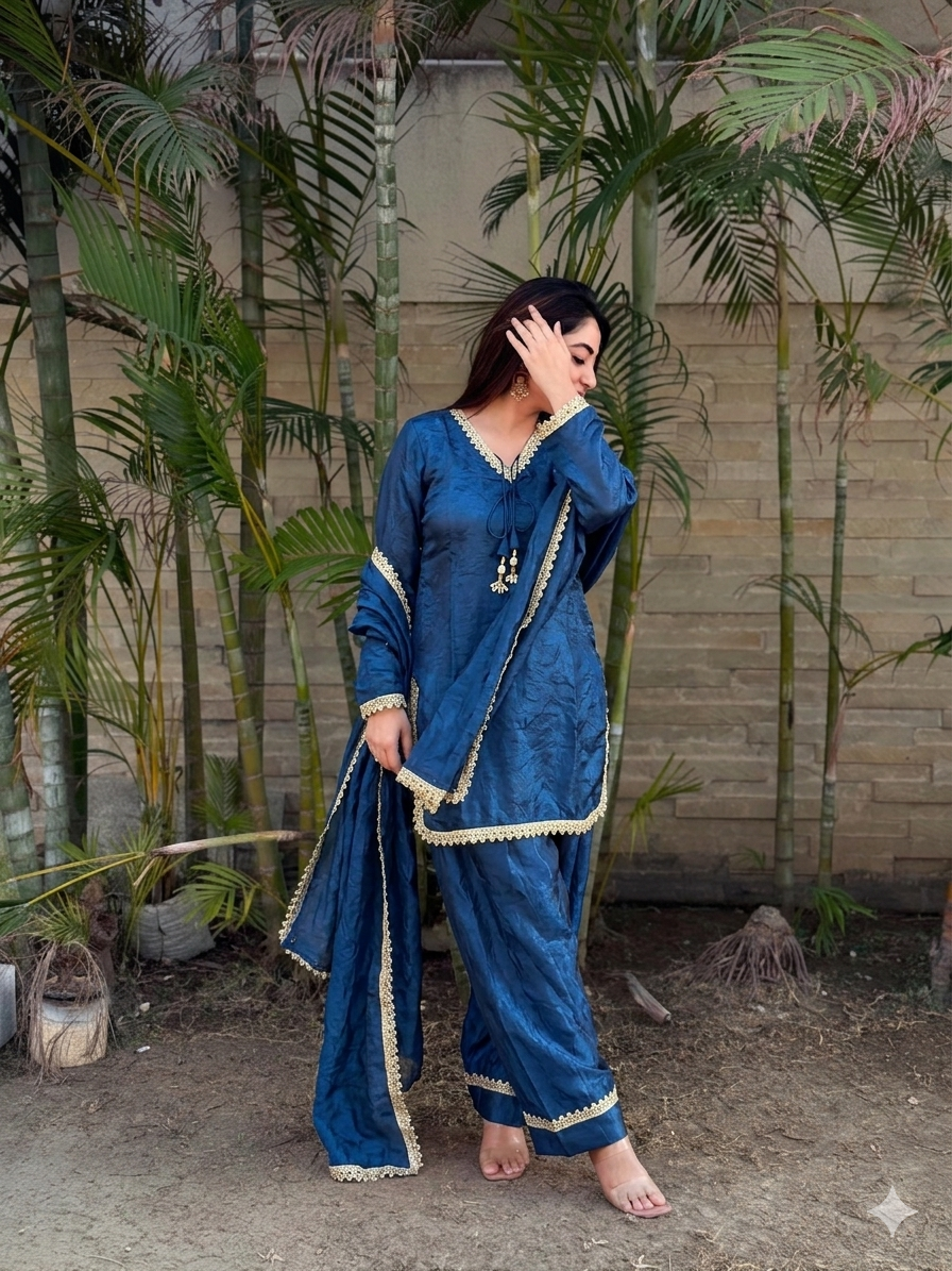 Women’s Embroidered Kurta Salwar Dupatta Set with Lace Border