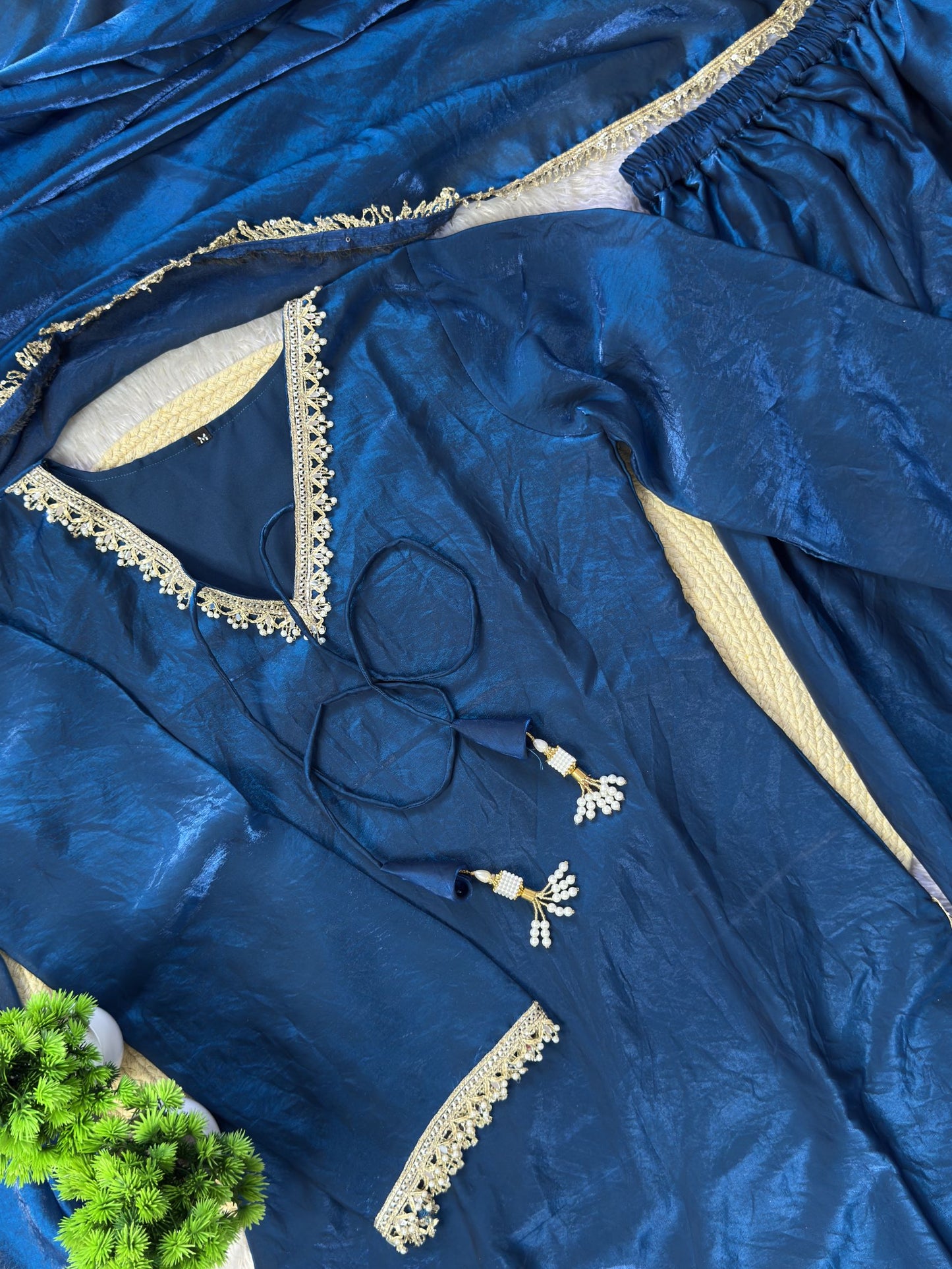 Women’s Embroidered Kurta Salwar Dupatta Set with Lace Border