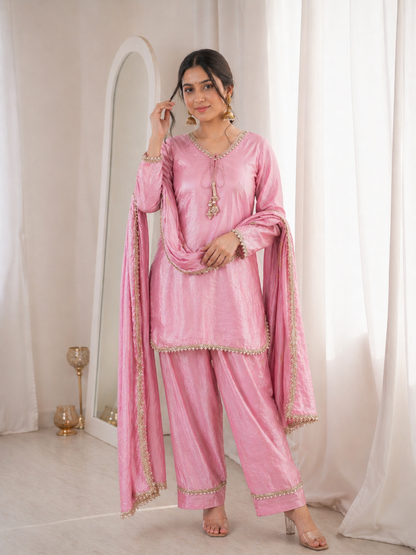 Women’s Embroidered Kurta Salwar Dupatta Set with Lace Border