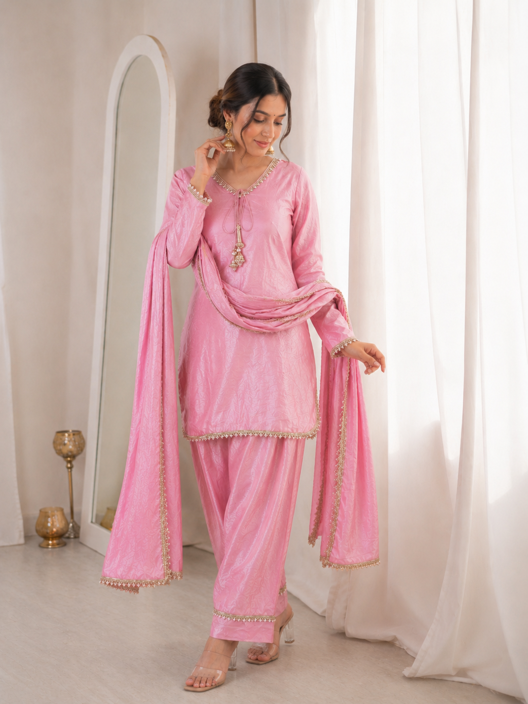Women’s Embroidered Kurta Salwar Dupatta Set with Lace Border