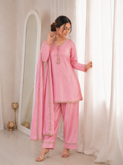 Women’s Embroidered Kurta Salwar Dupatta Set with Lace Border