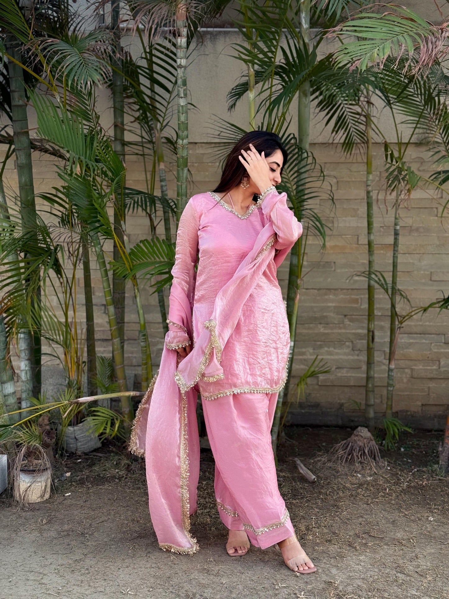 Women’s Embroidered Kurta Salwar Dupatta Set with Lace Border