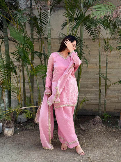 Women’s Embroidered Kurta Salwar Dupatta Set with Lace Border