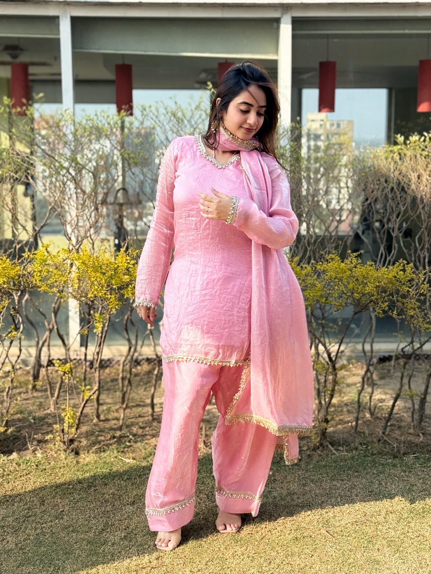 Women’s Embroidered Kurta Salwar Dupatta Set with Lace Border