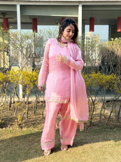 Women’s Embroidered Kurta Salwar Dupatta Set with Lace Border