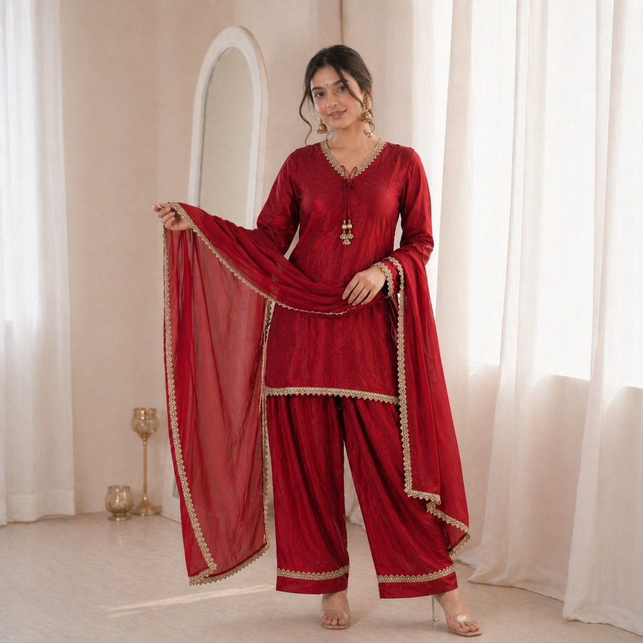 Women’s Embroidered Kurta Salwar Dupatta Set with Lace Border