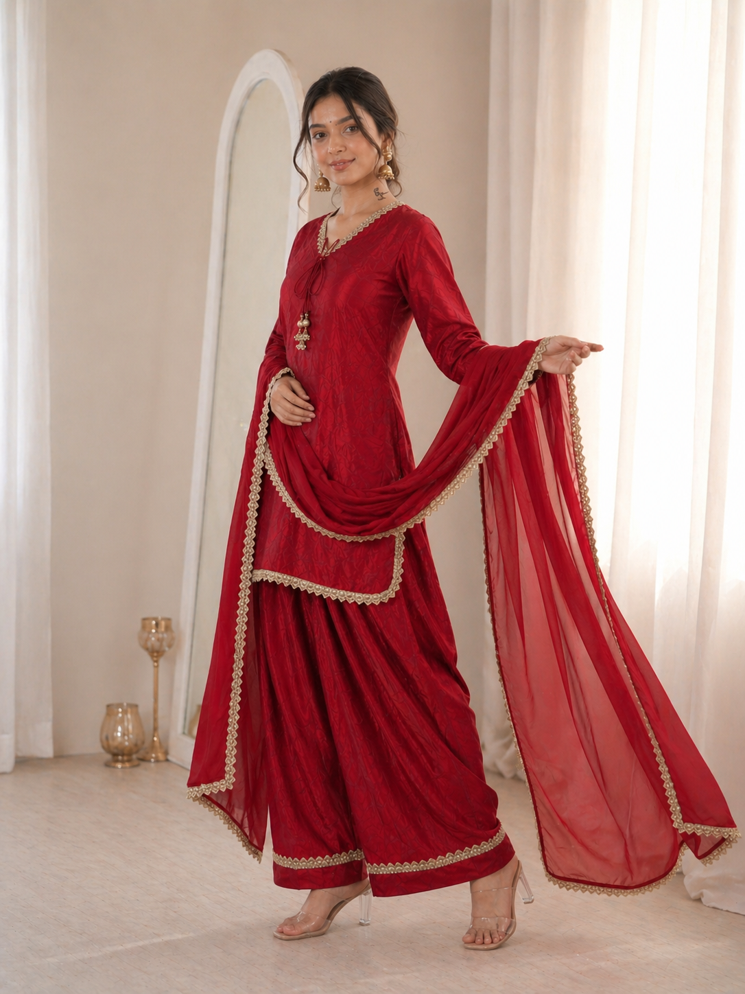 Women’s Embroidered Kurta Salwar Dupatta Set with Lace Border