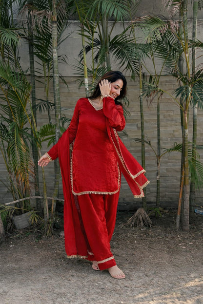 Women’s Embroidered Kurta Salwar Dupatta Set with Lace Border