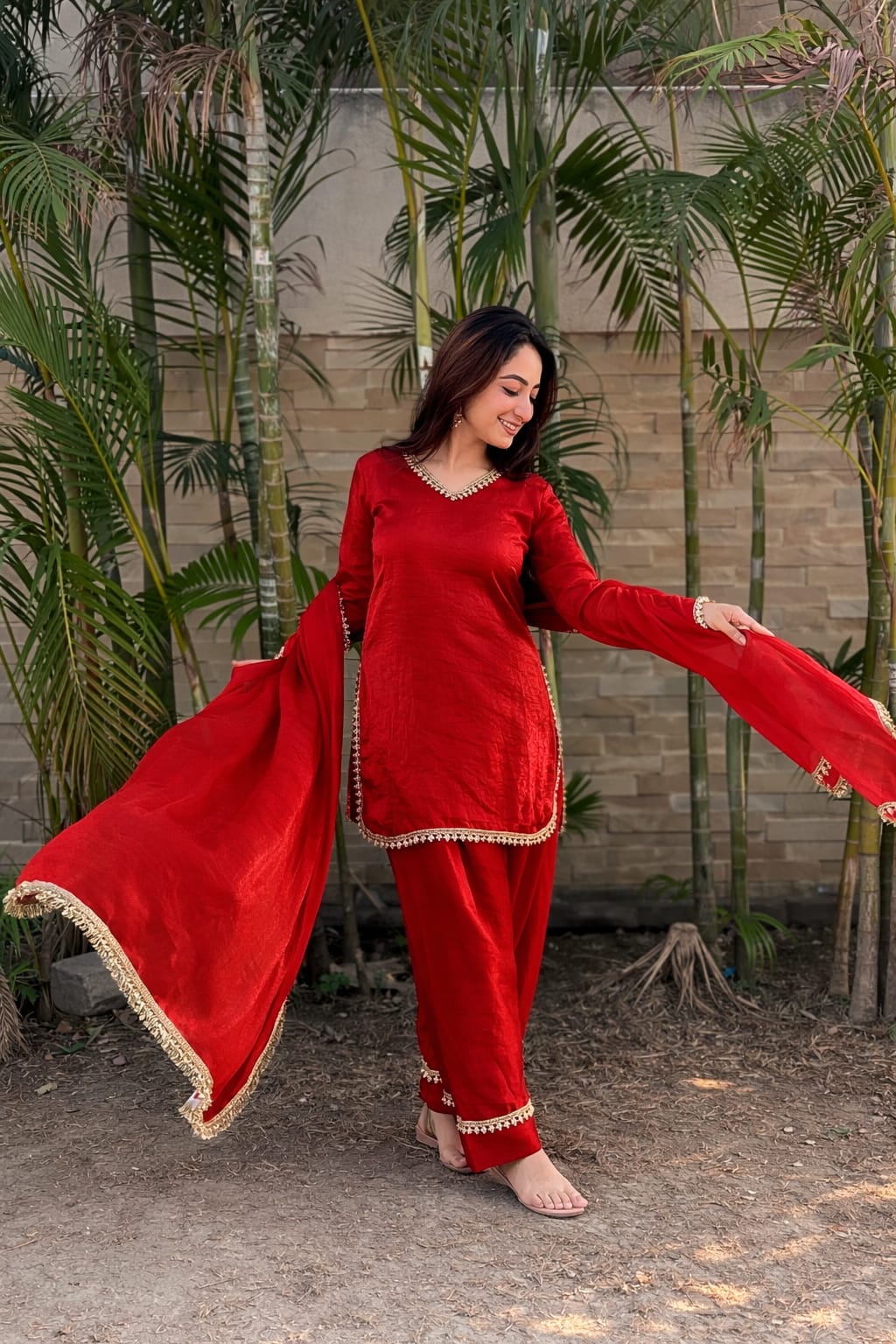 Women’s Embroidered Kurta Salwar Dupatta Set with Lace Border