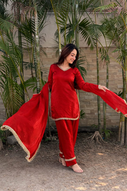 Women’s Embroidered Kurta Salwar Dupatta Set with Lace Border