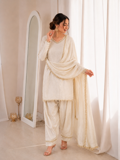 Women’s Embroidered Kurta Salwar Dupatta Set with Lace Border