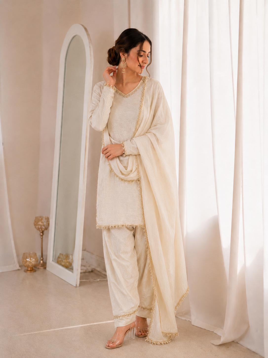 Women’s Embroidered Kurta Salwar Dupatta Set with Lace Border