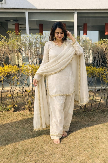 Women’s Embroidered Kurta Salwar Dupatta Set with Lace Border