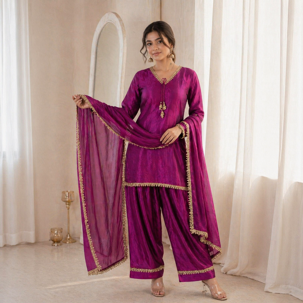 Women’s Embroidered Kurta Salwar Dupatta Set with Lace Border