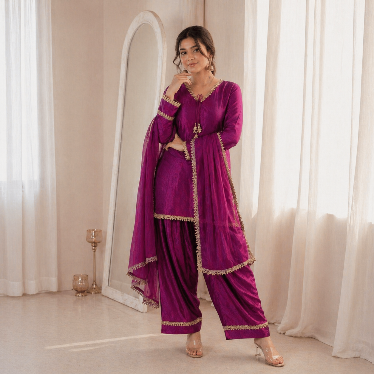 Women’s Embroidered Kurta Salwar Dupatta Set with Lace Border