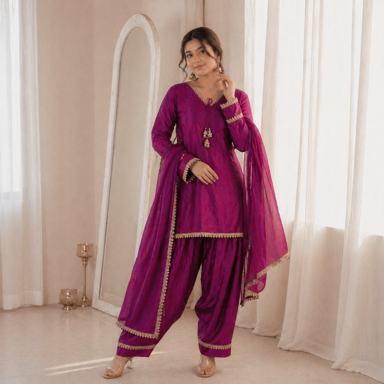 Women’s Embroidered Kurta Salwar Dupatta Set with Lace Border