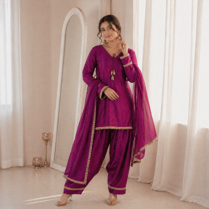 Women’s Embroidered Kurta Salwar Dupatta Set with Lace Border