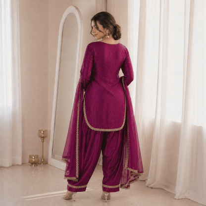 Women’s Embroidered Kurta Salwar Dupatta Set with Lace Border