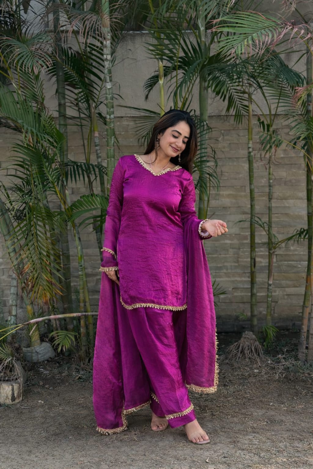 Women’s Embroidered Kurta Salwar Dupatta Set with Lace Border
