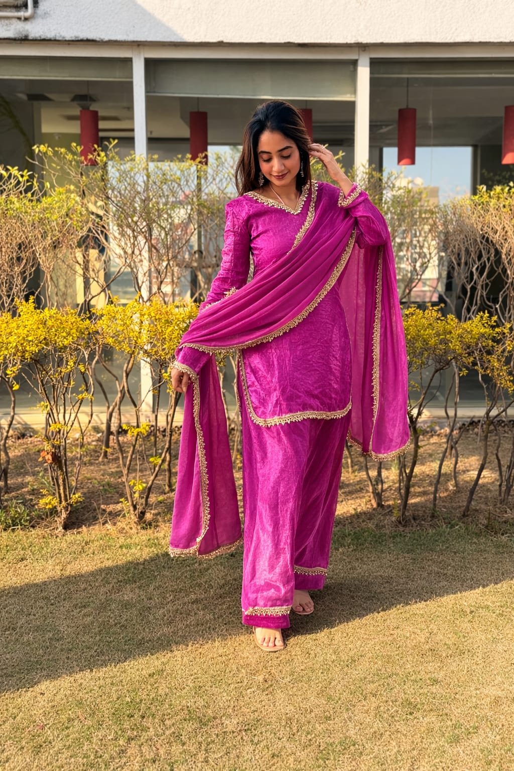Women’s Embroidered Kurta Salwar Dupatta Set with Lace Border