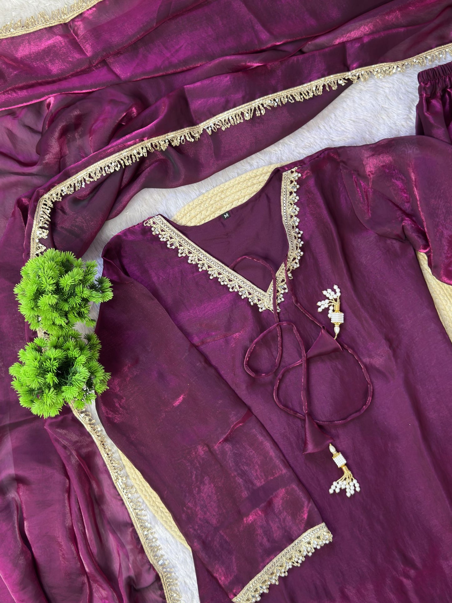 Women’s Embroidered Kurta Salwar Dupatta Set with Lace Border