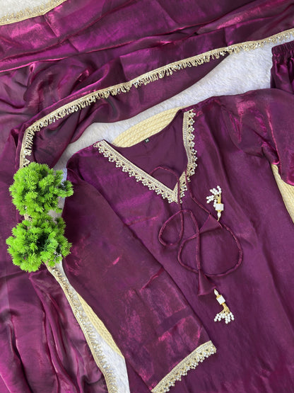 Women’s Embroidered Kurta Salwar Dupatta Set with Lace Border