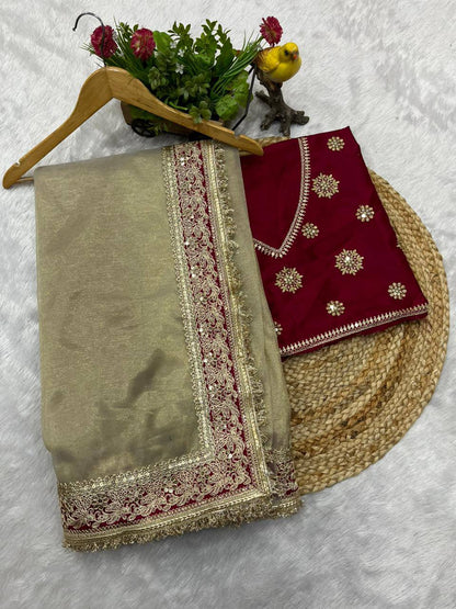 ✨ Royal Ivory Tissue Silk Saree with Designer Embroidered Border 👑✨