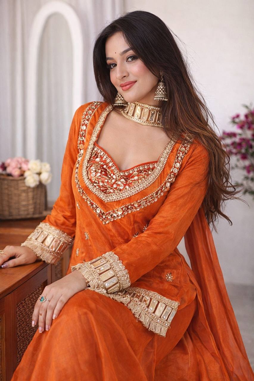 🧡 Amber Glow Mirror Work Palazzo Set