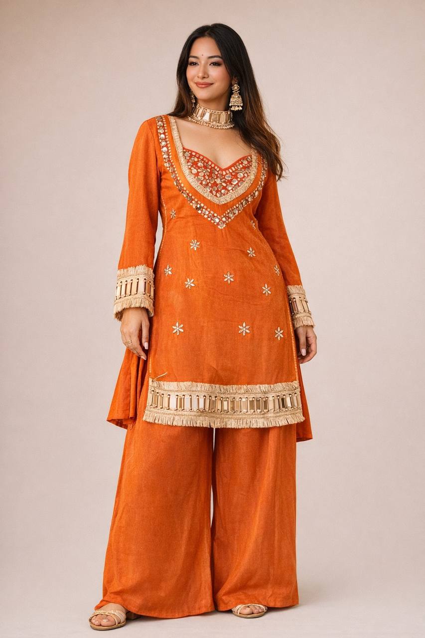 🧡 Amber Glow Mirror Work Palazzo Set