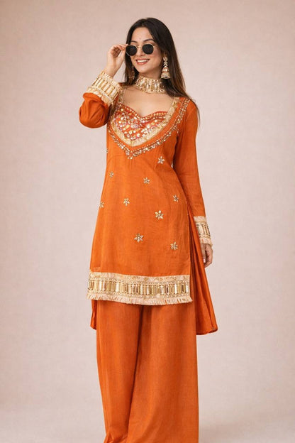 🧡 Amber Glow Mirror Work Palazzo Set