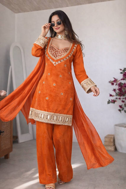 🧡 Amber Glow Mirror Work Palazzo Set