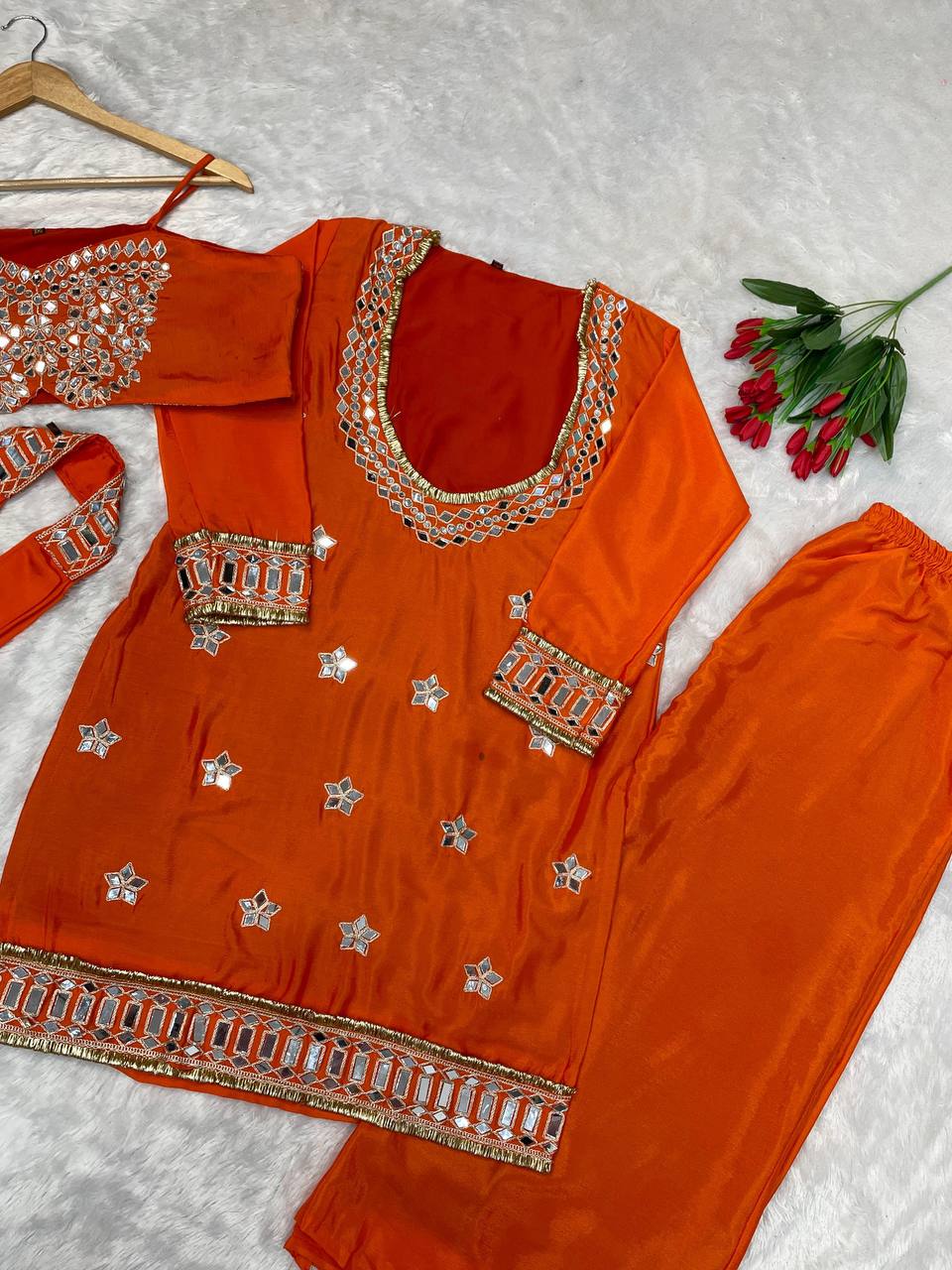 🧡 Amber Glow Mirror Work Palazzo Set