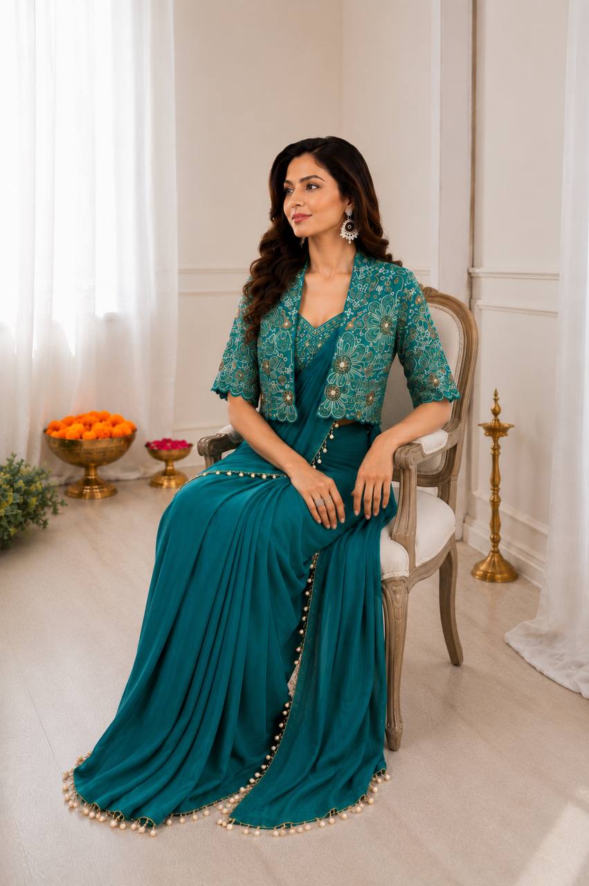 Premium Designer Ready-to-Wear Saree with Embroidered Jacket Blouse