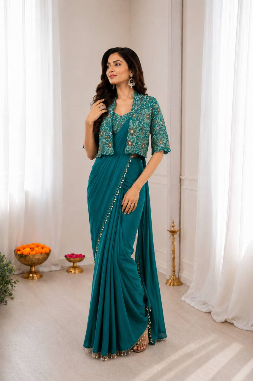 Premium Designer Ready-to-Wear Saree with Embroidered Jacket Blouse