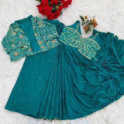 Premium Designer Ready-to-Wear Saree with Embroidered Jacket Blouse