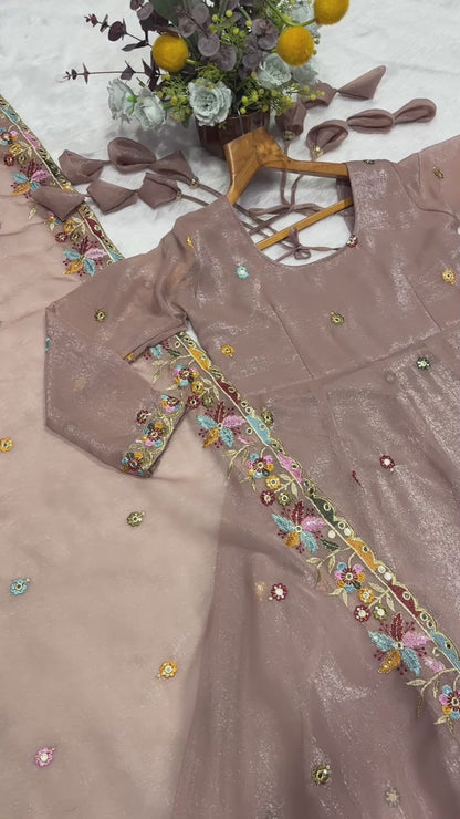 ✨ Champagne Beige Floral Embroidered Anarkali Gown Set ✨