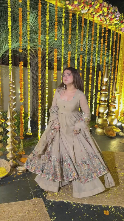 ✨ Champagne Beige Floral Embroidered Anarkali Gown Set ✨