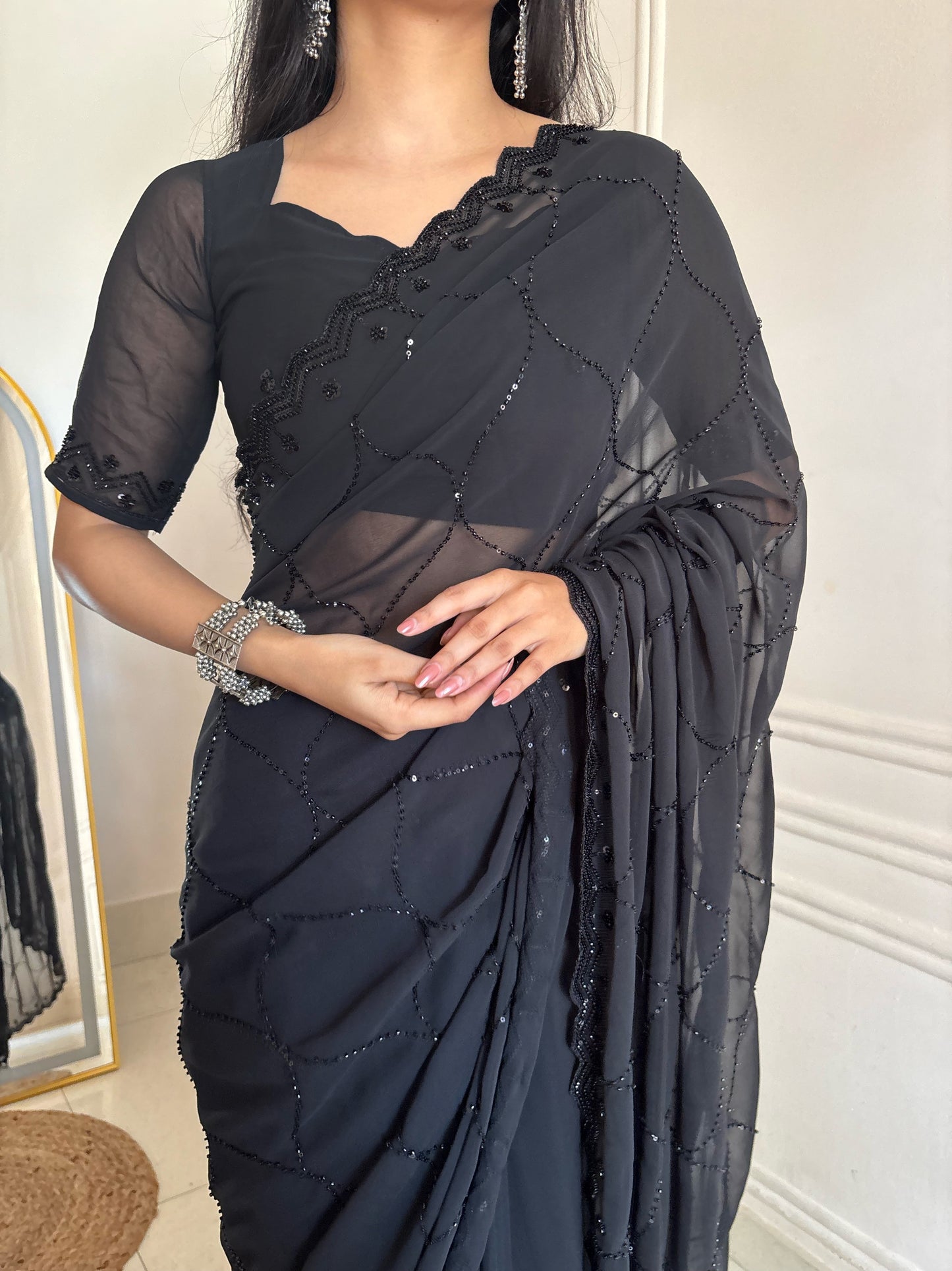 ✨ Midnight & Ruby Elegance Sequin Saree Collection 💫👑